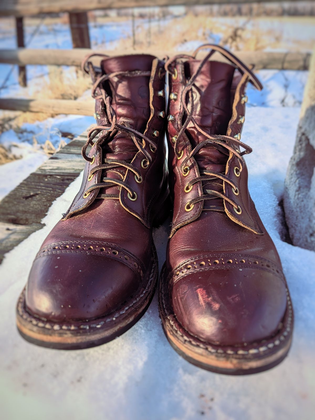 Photo by patinamindset on January 5, 2023 of the White's MP-Sherman Toe Cap in Horween Burgundy Chromexcel.