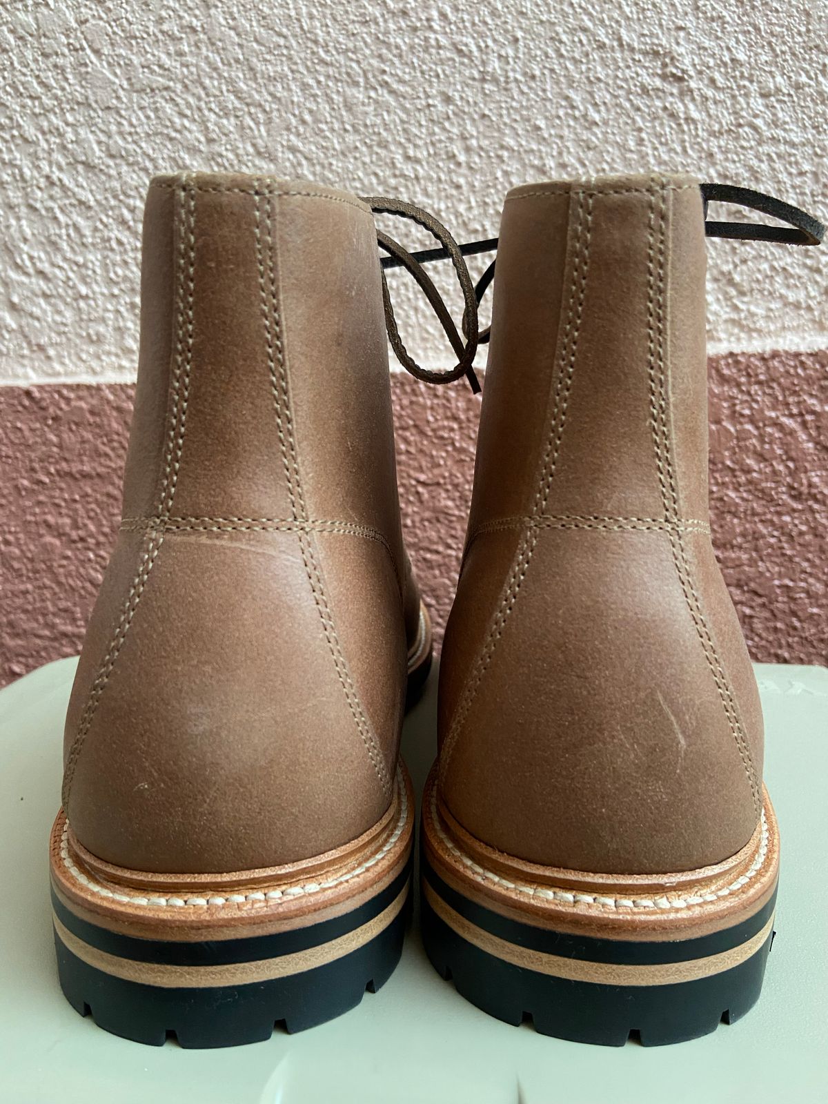 Photo by braneshaden on October 5, 2022 of the Grant Stone Brass Boot in C.F. Stead Natural Waxy Commander Suede.