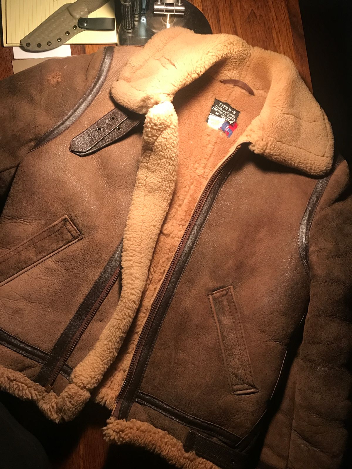 Photo by dj on September 26, 2024 of the Schott B-3 Bomber 257s in Sheepskin.