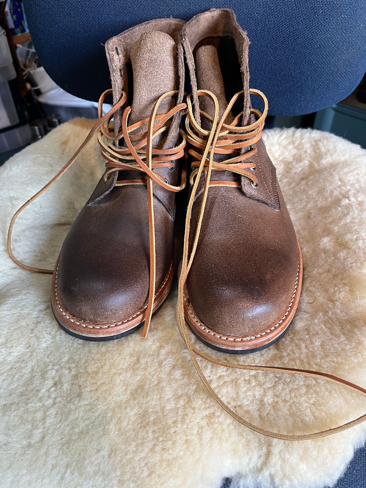 Photo by Dannflow on October 1, 2024 of the Oak Street Bootmakers Trench Boot in Horween Natural Chromexcel Roughout.