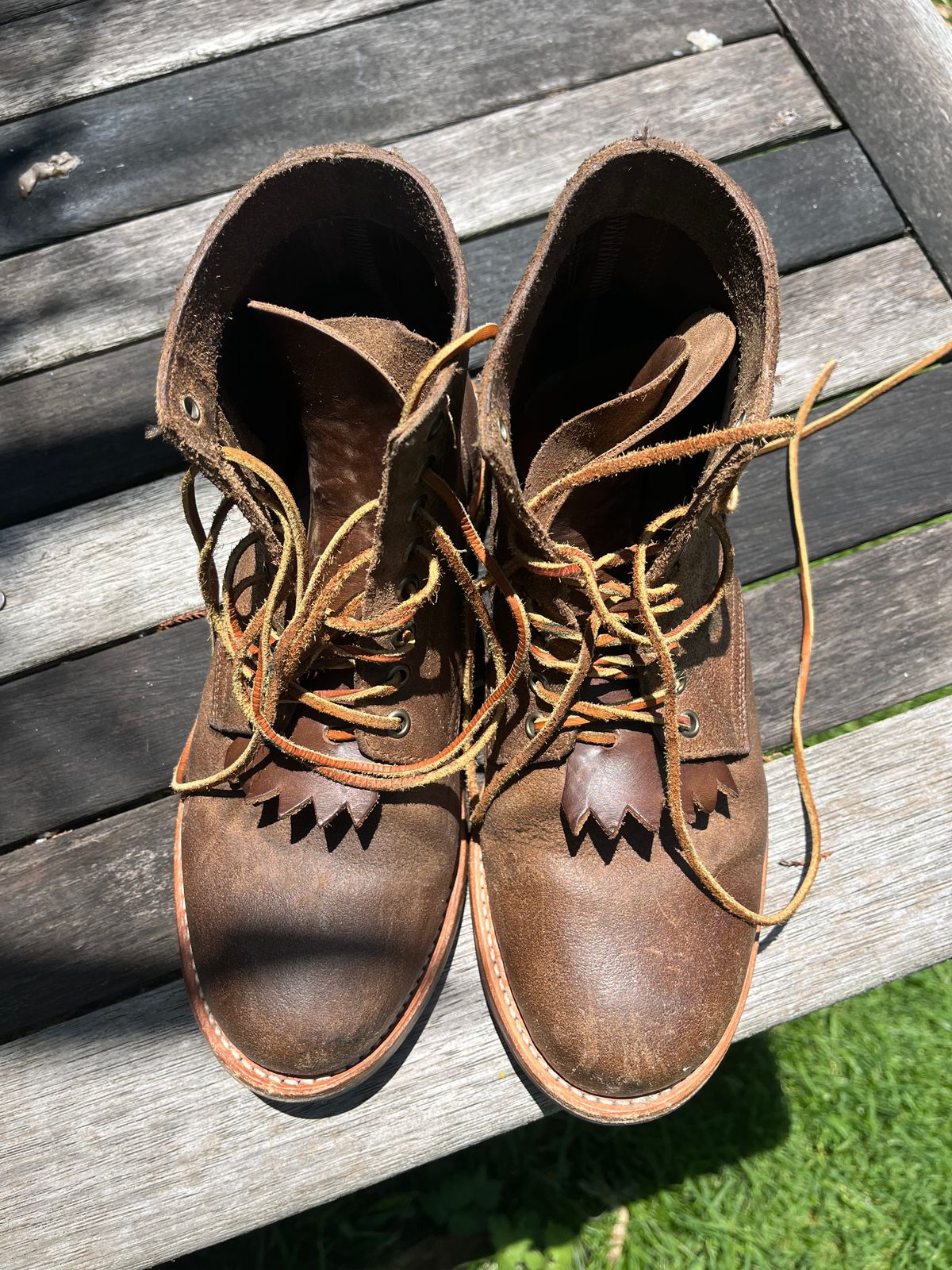 Photo by Dannflow on December 2, 2024 of the Oak Street Bootmakers Trench Boot in Horween Natural Chromexcel Roughout.