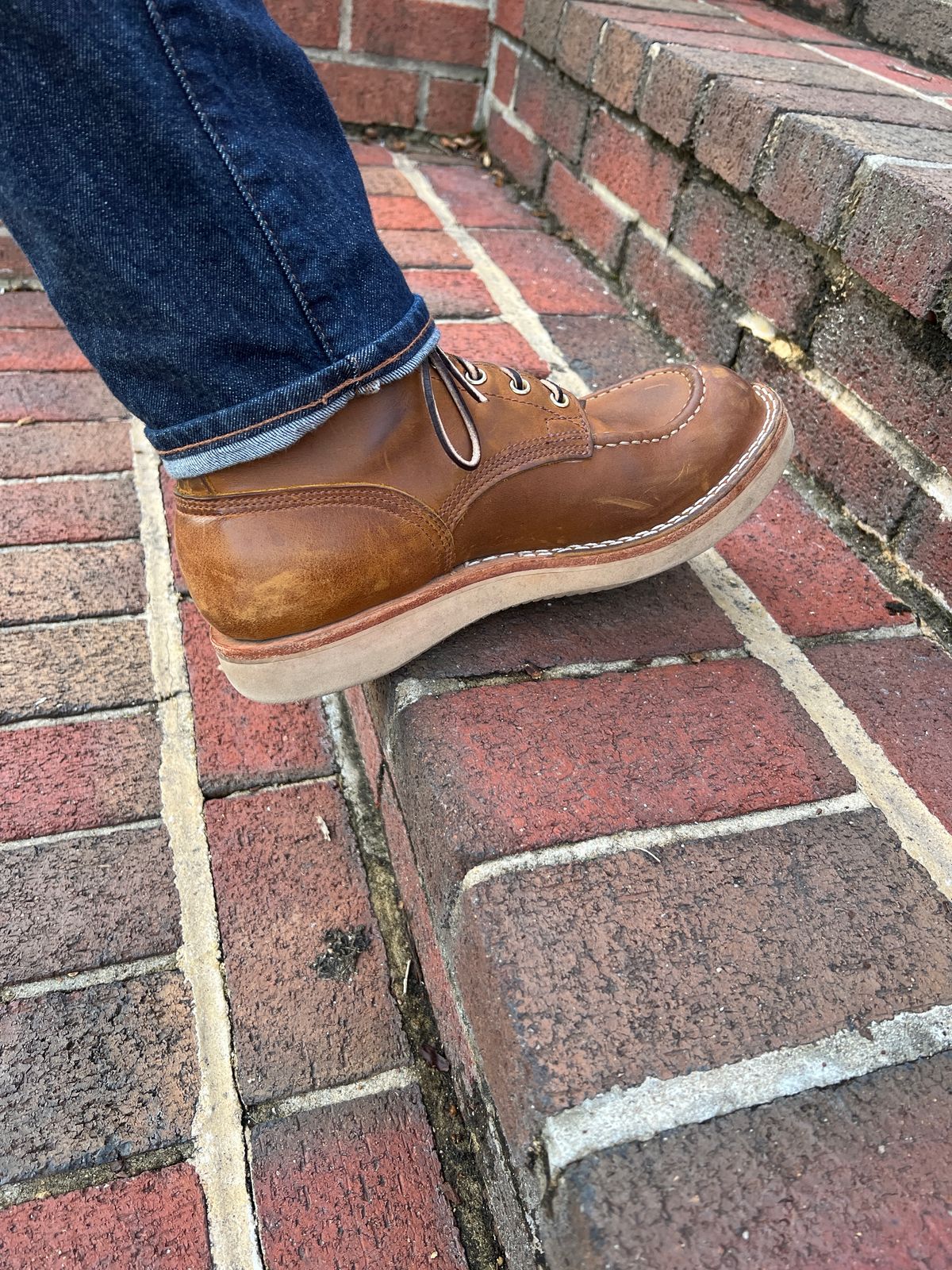 Photo by goblutes on January 26, 2024 of the Nicks Moc Toe in Horween Orange Predator.