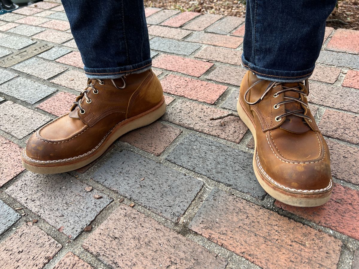 Photo by goblutes on January 26, 2024 of the Nicks Moc Toe in Horween Orange Predator.