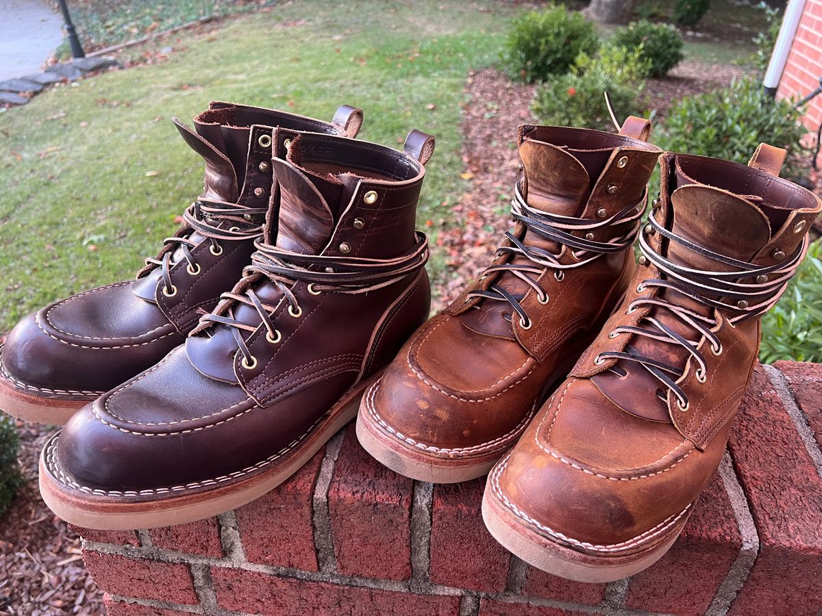 Photo by goblutes on October 21, 2023 of the Nicks Moc Toe in Horween Orange Predator.