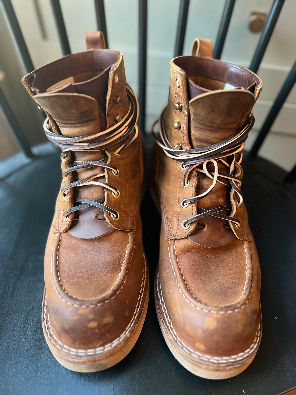 Photo by goblutes on October 21, 2023 of the Nicks Moc Toe in Horween Orange Predator.