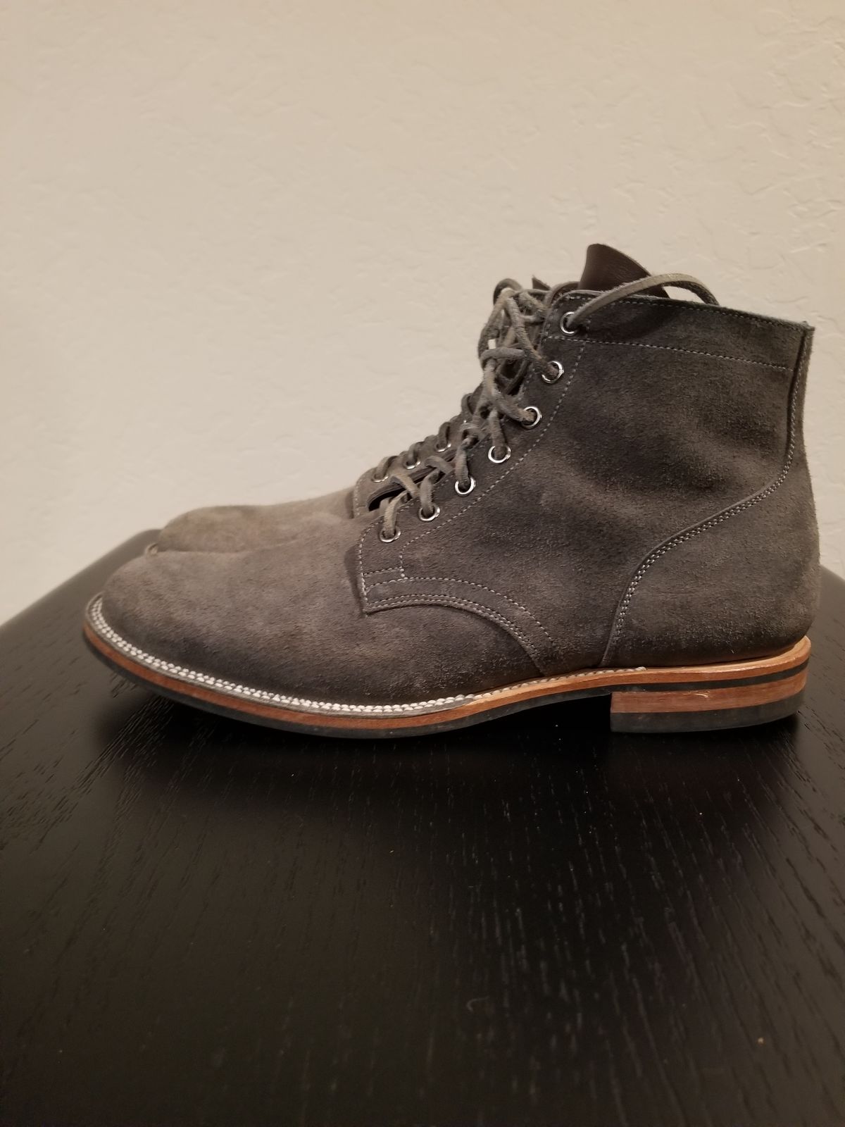 Photo by EzSteve on December 6, 2022 of the Viberg Service Boot in C.F. Stead Anthracite Waxed Roughout.