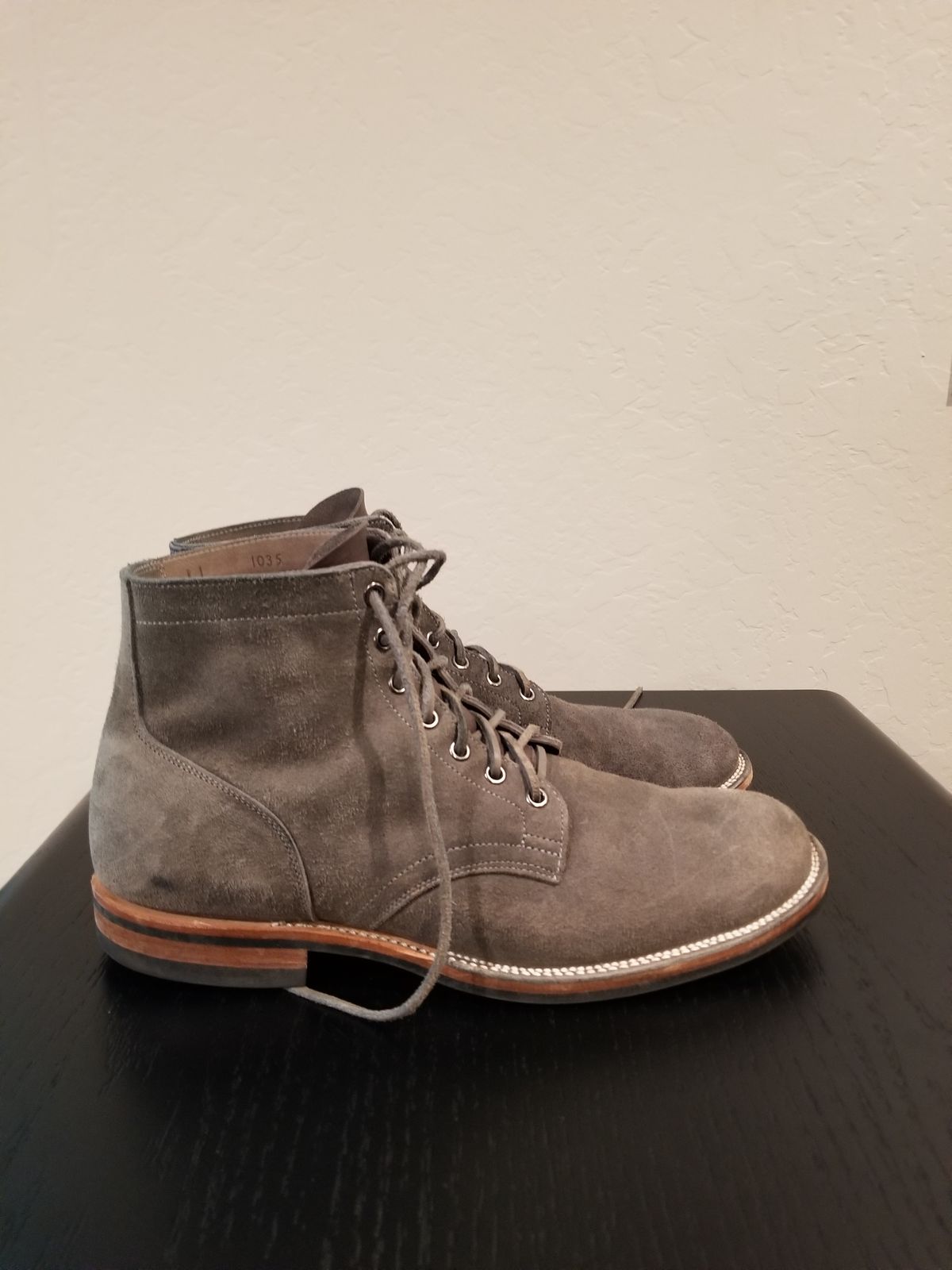 Photo by EzSteve on April 6, 2023 of the Viberg Service Boot in C.F. Stead Anthracite Waxed Roughout.