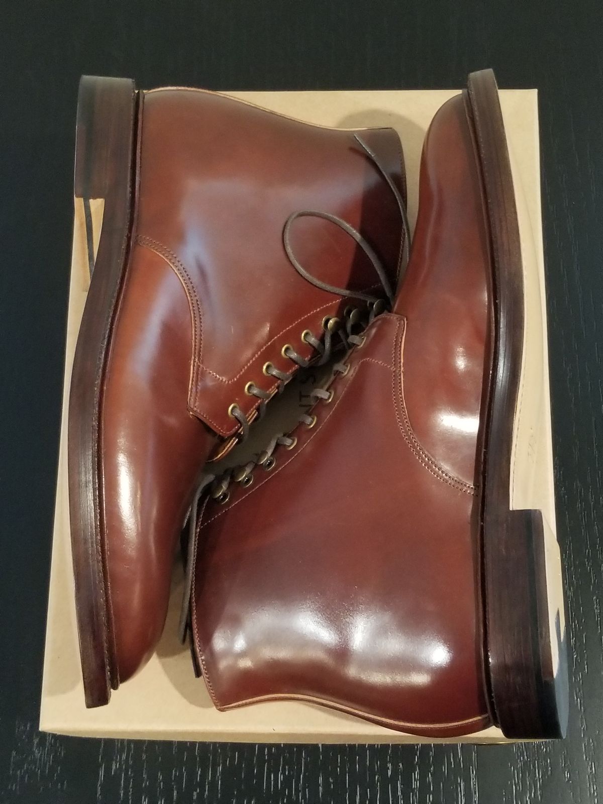 Photo by EzSteve on October 2, 2023 of the Grant Stone Edward Boot in Horween Garnet Shell Cordovan.