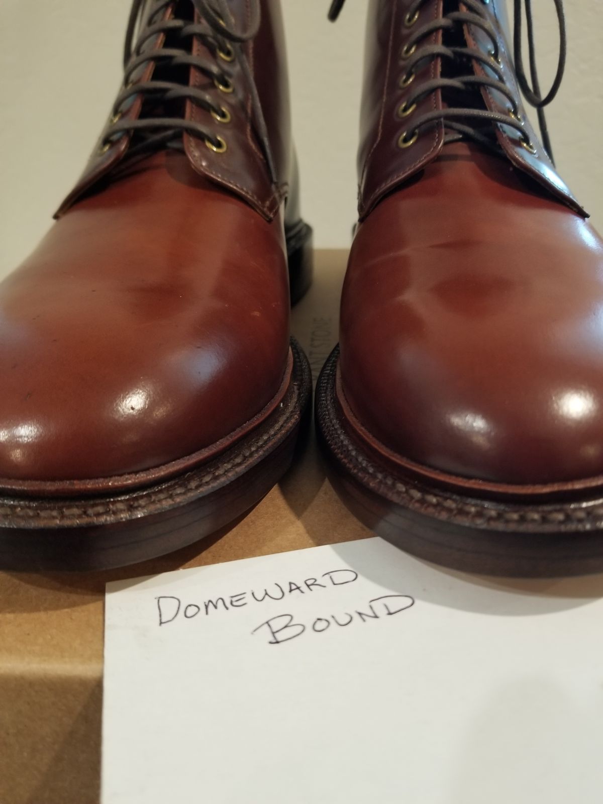 Photo by EzSteve on October 2, 2023 of the Grant Stone Edward Boot in Horween Garnet Shell Cordovan.