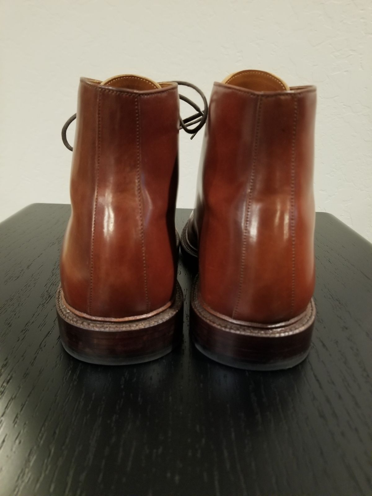 Photo by EzSteve on November 6, 2023 of the Grant Stone Edward Boot in Horween Garnet Shell Cordovan.