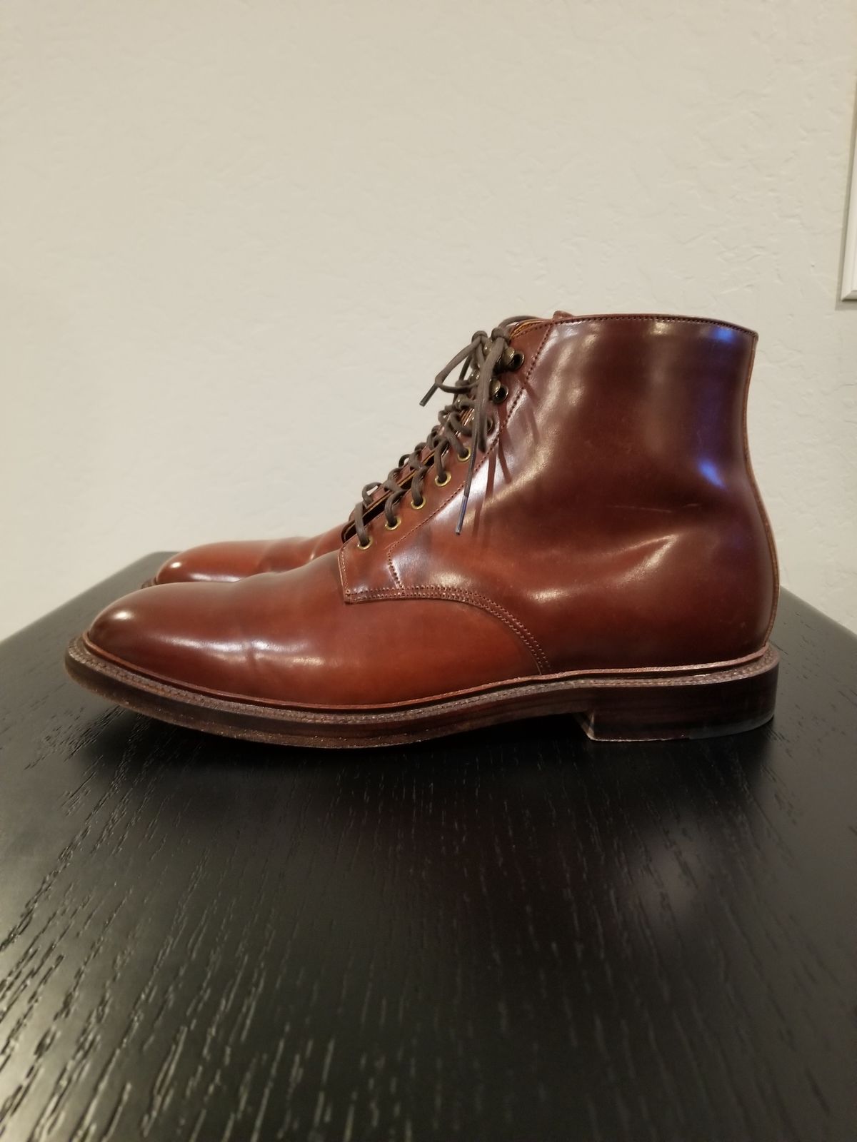 Photo by EzSteve on November 6, 2023 of the Grant Stone Edward Boot in Horween Garnet Shell Cordovan.