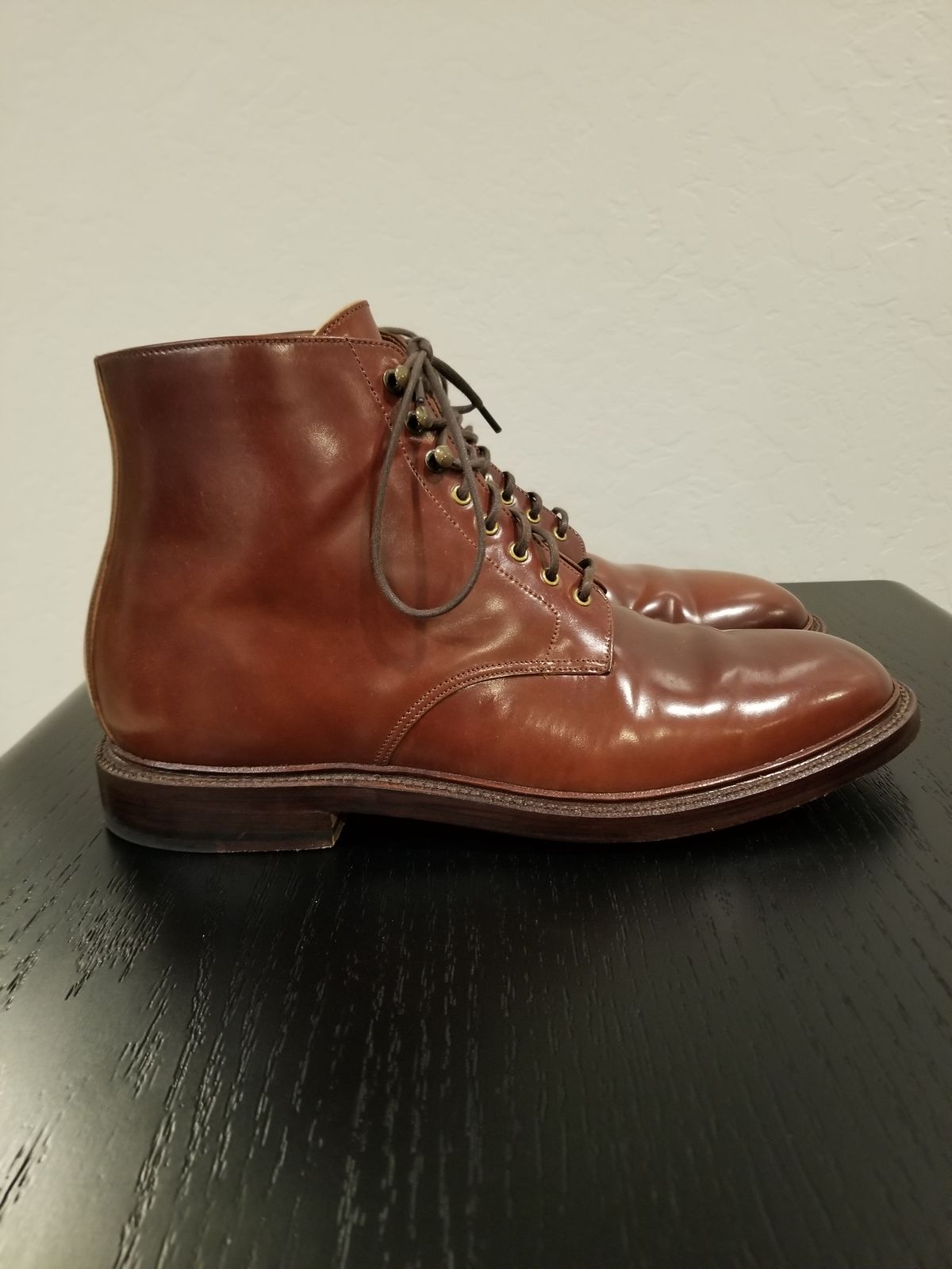 Photo by EzSteve on November 6, 2023 of the Grant Stone Edward Boot in Horween Garnet Shell Cordovan.