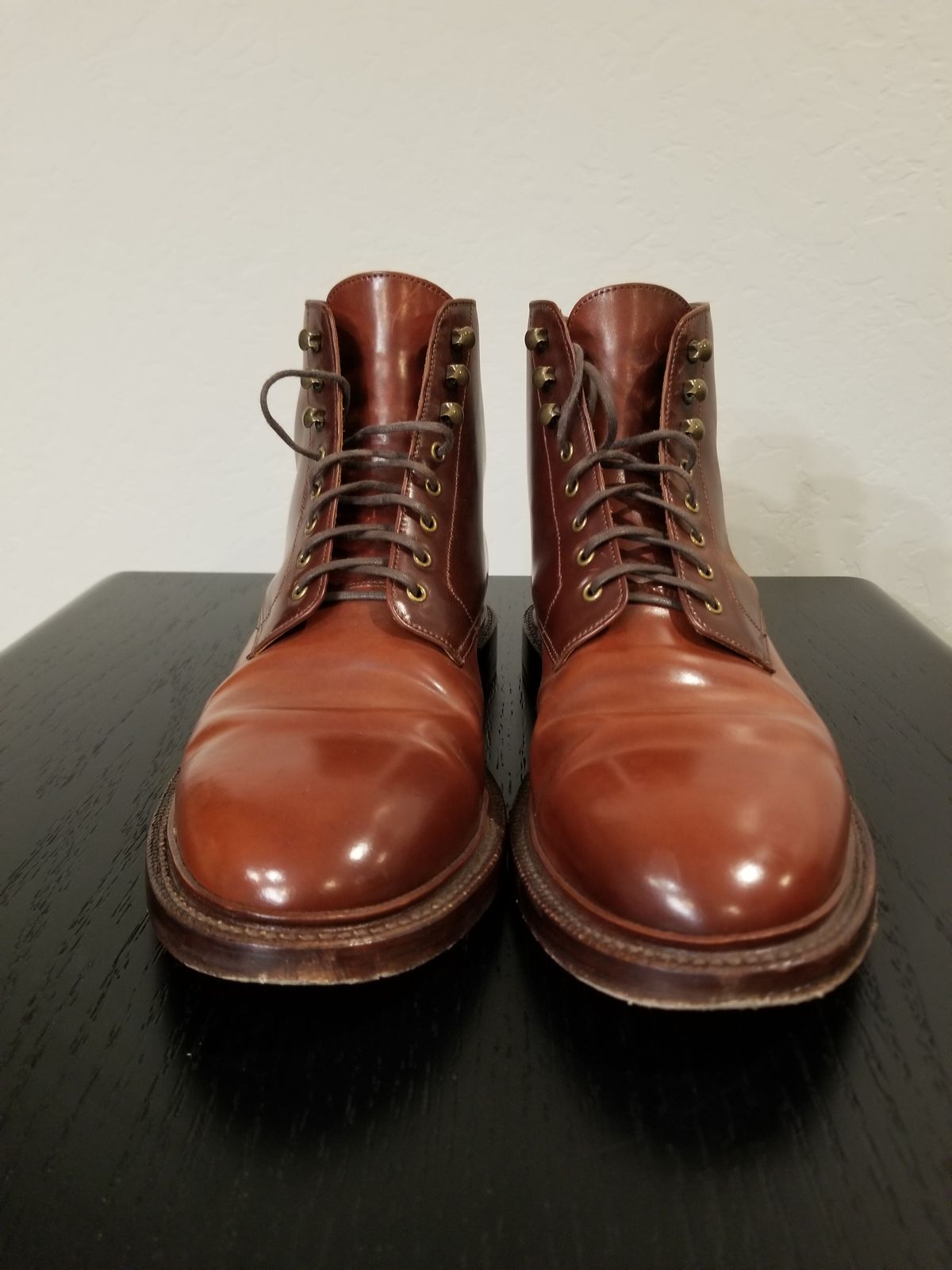 Photo by EzSteve on December 6, 2023 of the Grant Stone Edward Boot in Horween Garnet Shell Cordovan.