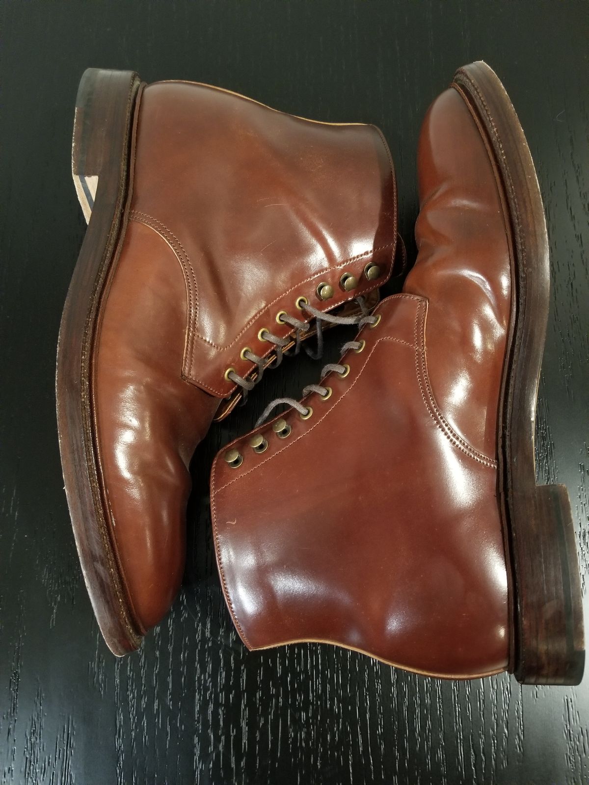 Photo by EzSteve on December 6, 2023 of the Grant Stone Edward Boot in Horween Garnet Shell Cordovan.