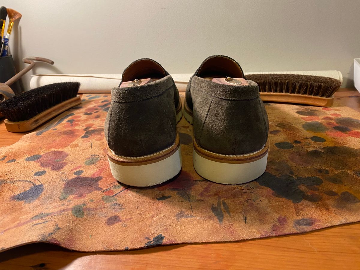 Photo by HaargusMcFargus on December 6, 2022 of the Grant Stone Traveler Penny in C.F. Stead Loden Janus Calf Suede.