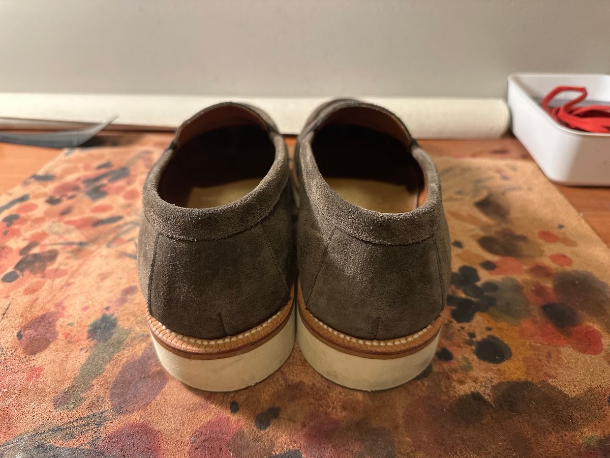 Photo by HaargusMcFargus on February 6, 2023 of the Grant Stone Traveler Penny in C.F. Stead Loden Janus Calf Suede.