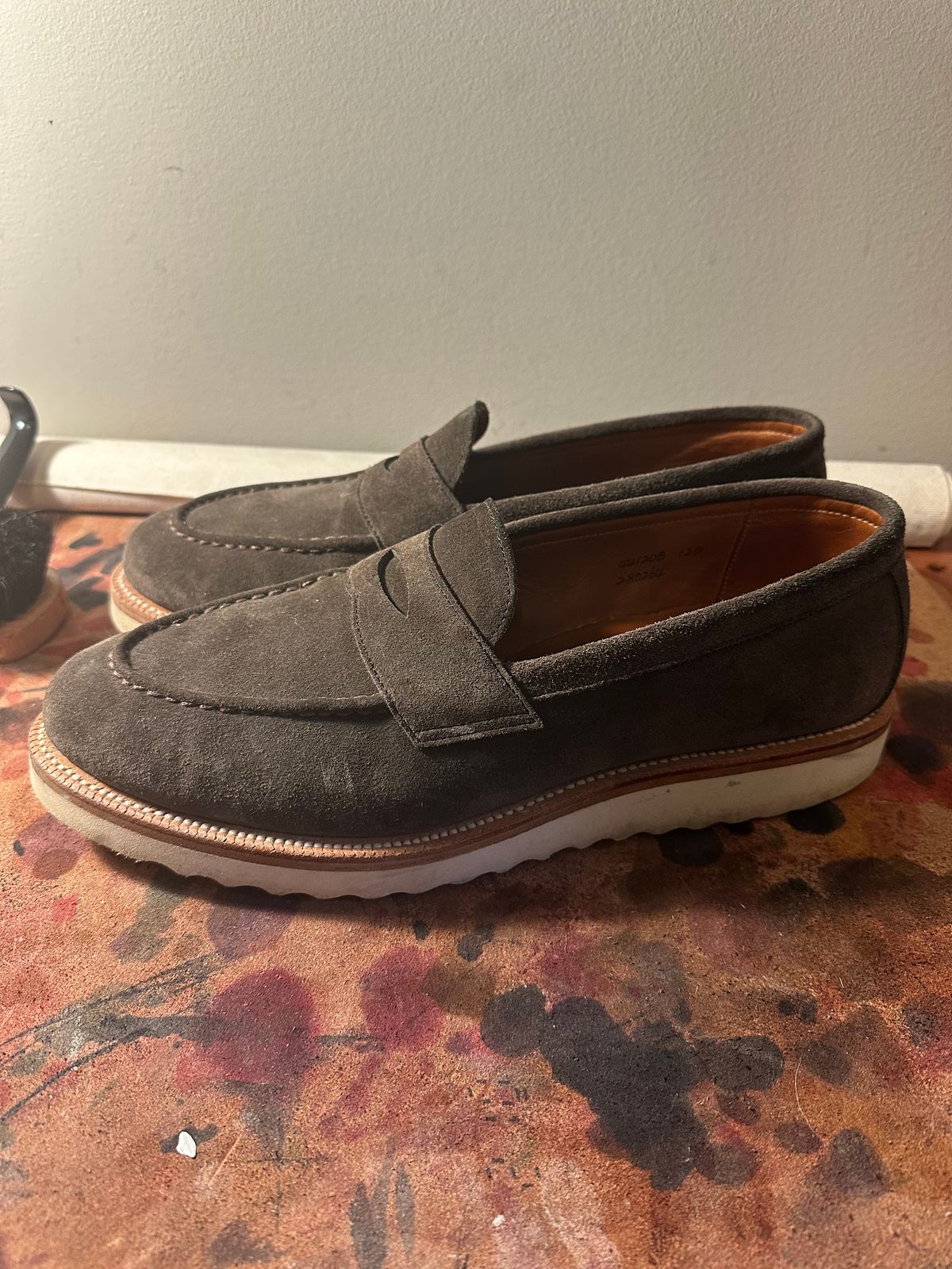 Photo by HaargusMcFargus on March 6, 2023 of the Grant Stone Traveler Penny in C.F. Stead Loden Janus Calf Suede.