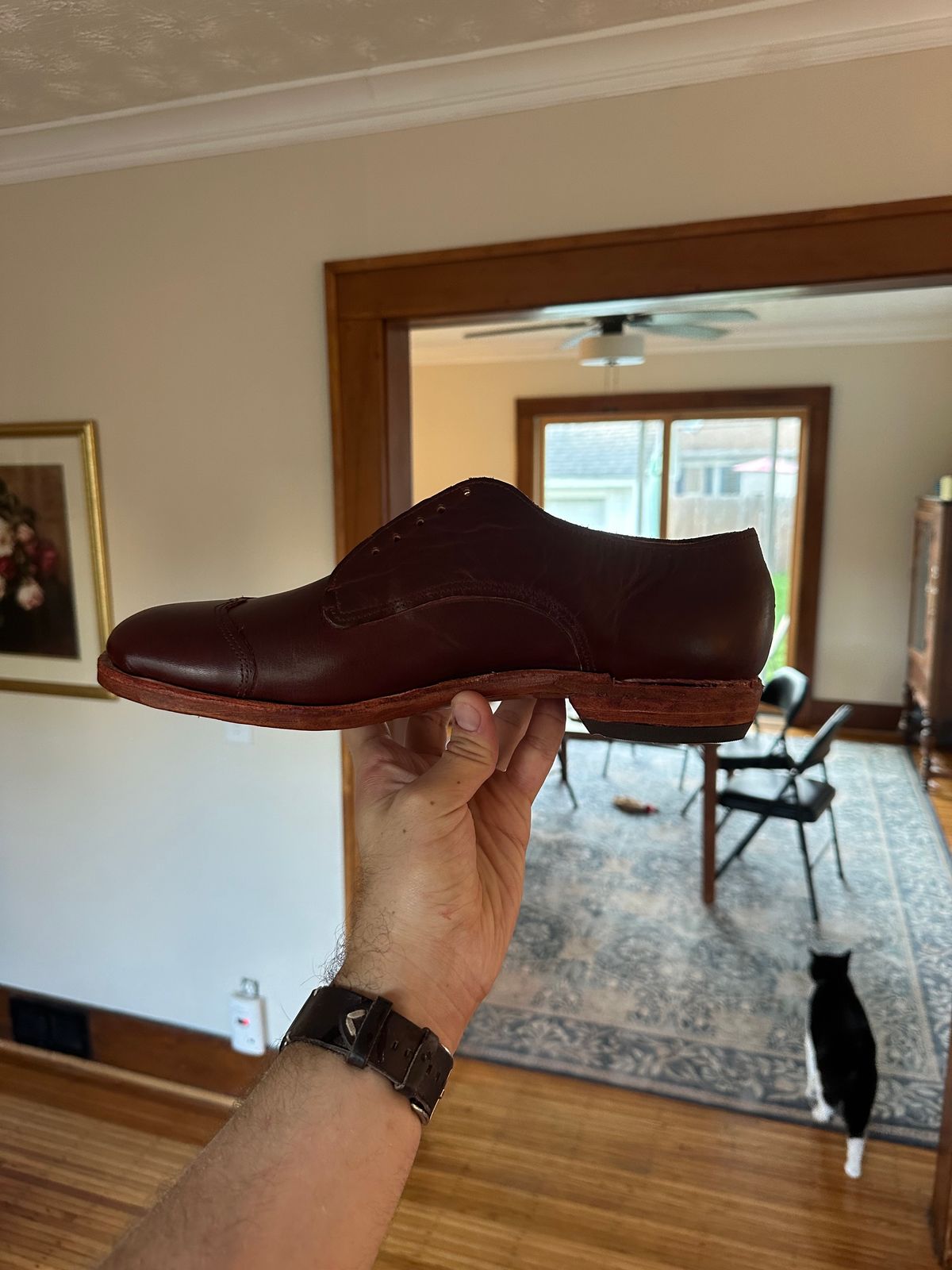 Photo by HaargusMcFargus on August 30, 2024 of the Harrison Elliott Footwear Custom Model in Acadia Leather - America - Red.