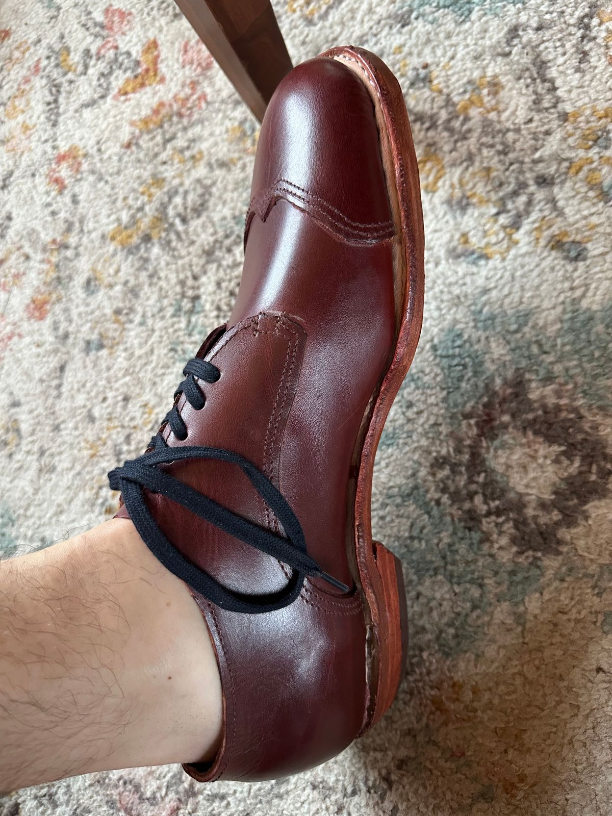 Photo by HaargusMcFargus on September 9, 2024 of the Harrison Elliott Footwear Custom Model in Acadia Leather - America - Red.