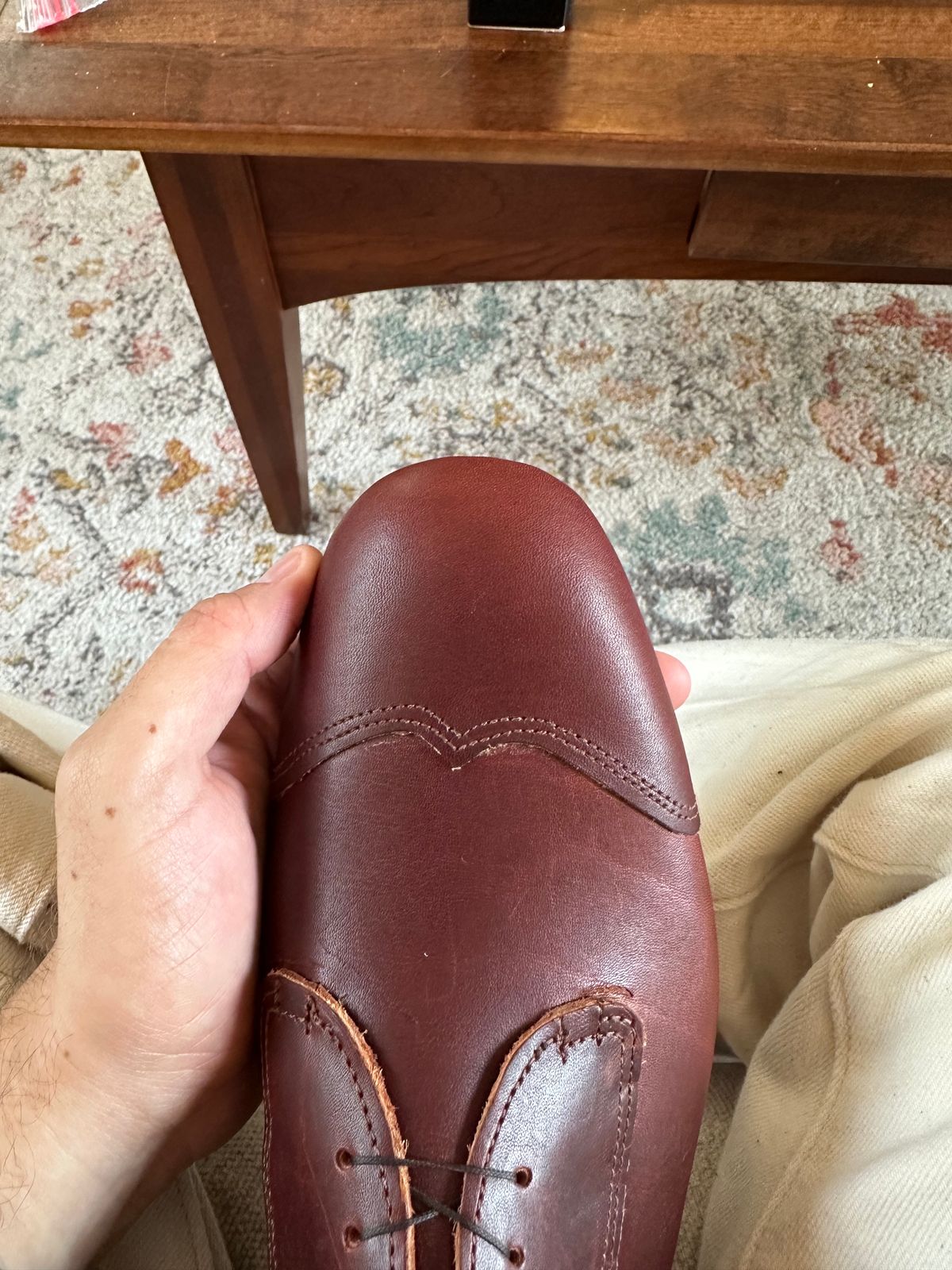 Photo by HaargusMcFargus on August 27, 2024 of the Harrison Elliott Footwear Custom Model in Acadia Leather - America - Red.