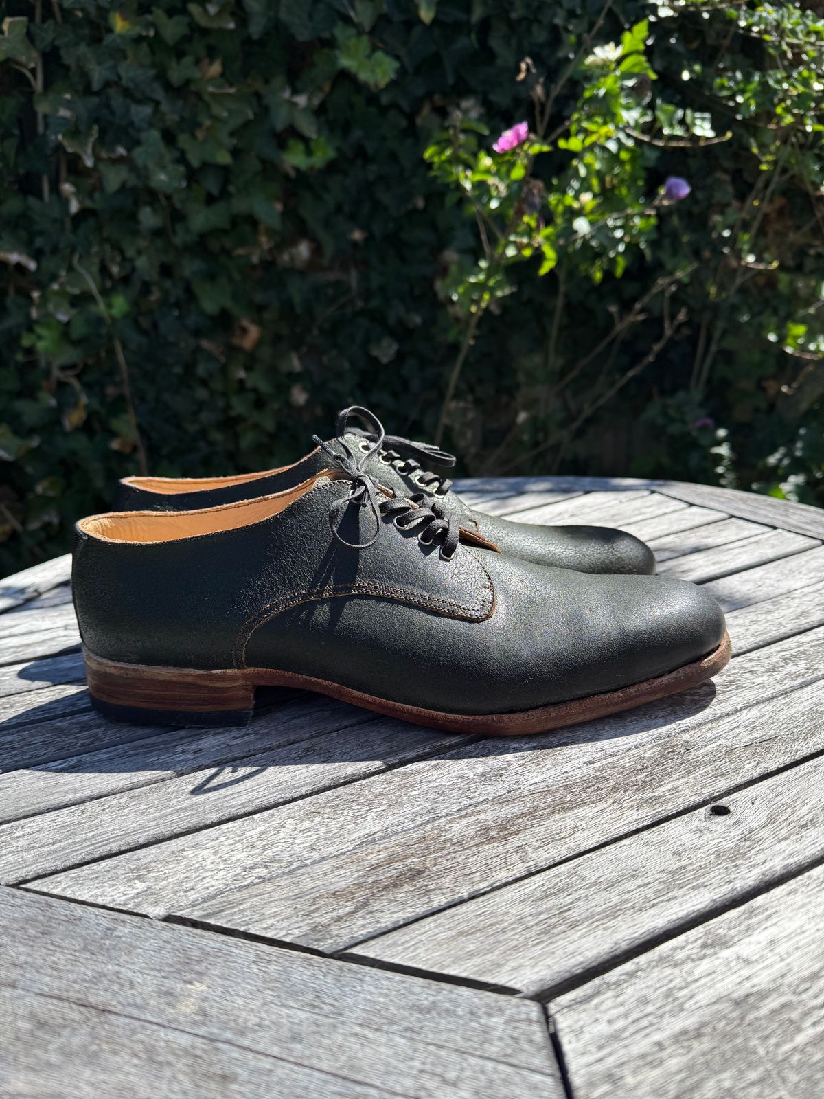 Photo by HaargusMcFargus on September 2, 2025 of the Harrison Elliott Footwear Custom Model in Cloe Green Waxed Flesh Horsehide.
