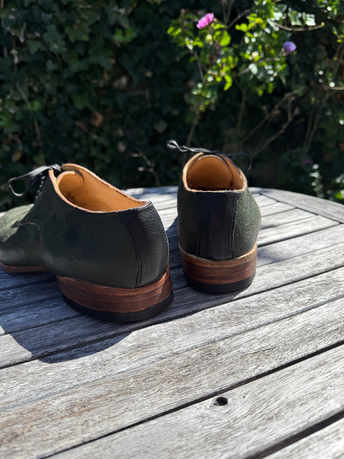Photo by HaargusMcFargus on September 2, 2025 of the Harrison Elliott Footwear Custom Model in Cloe Green Waxed Flesh Horsehide.