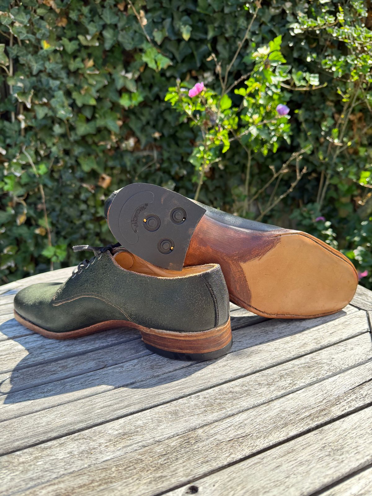 Photo by HaargusMcFargus on September 2, 2025 of the Harrison Elliott Footwear Custom Model in Cloe Green Waxed Flesh Horsehide.