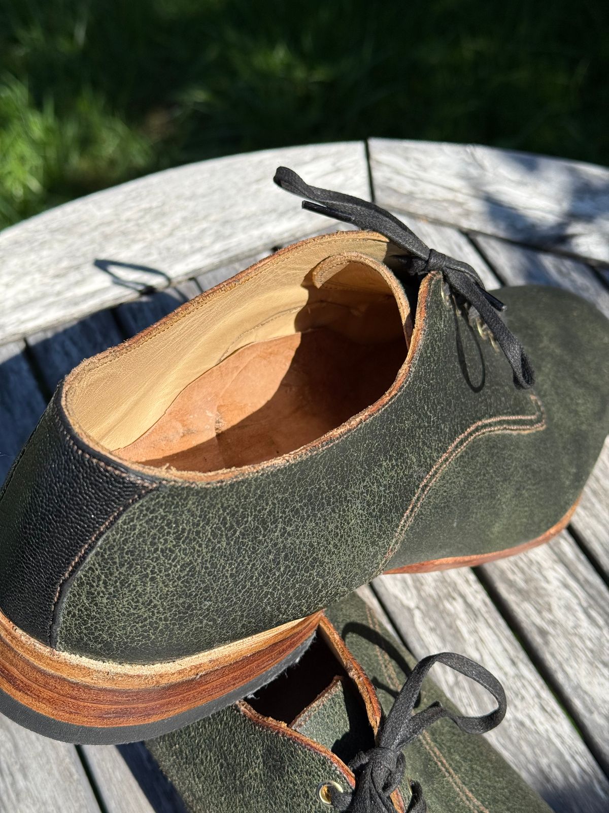 Photo by HaargusMcFargus on September 2, 2025 of the Harrison Elliott Footwear Custom Model in Cloe Green Waxed Flesh Horsehide.