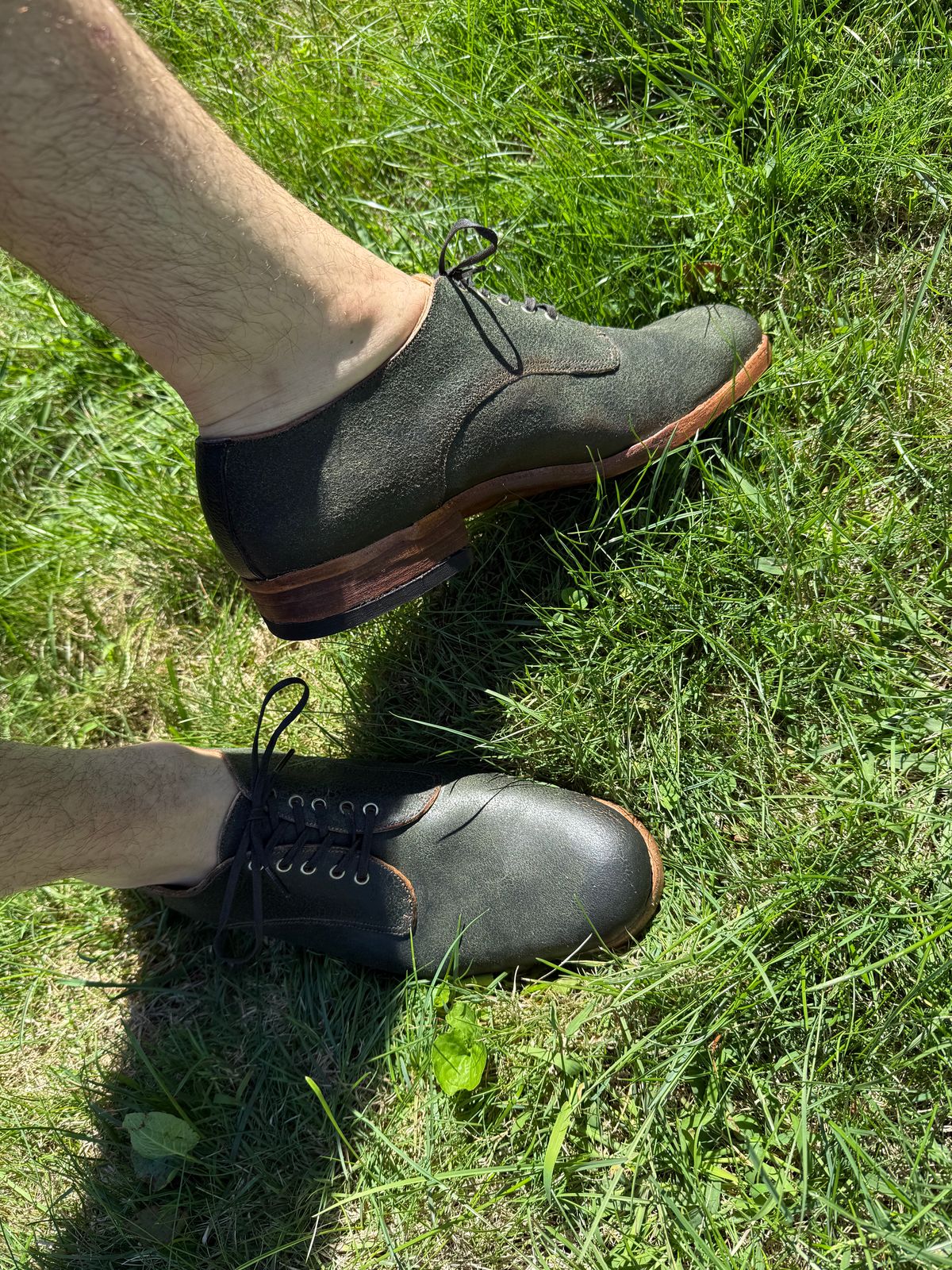 Photo by HaargusMcFargus on September 2, 2025 of the Harrison Elliott Footwear Custom Model in Cloe Green Waxed Flesh Horsehide.