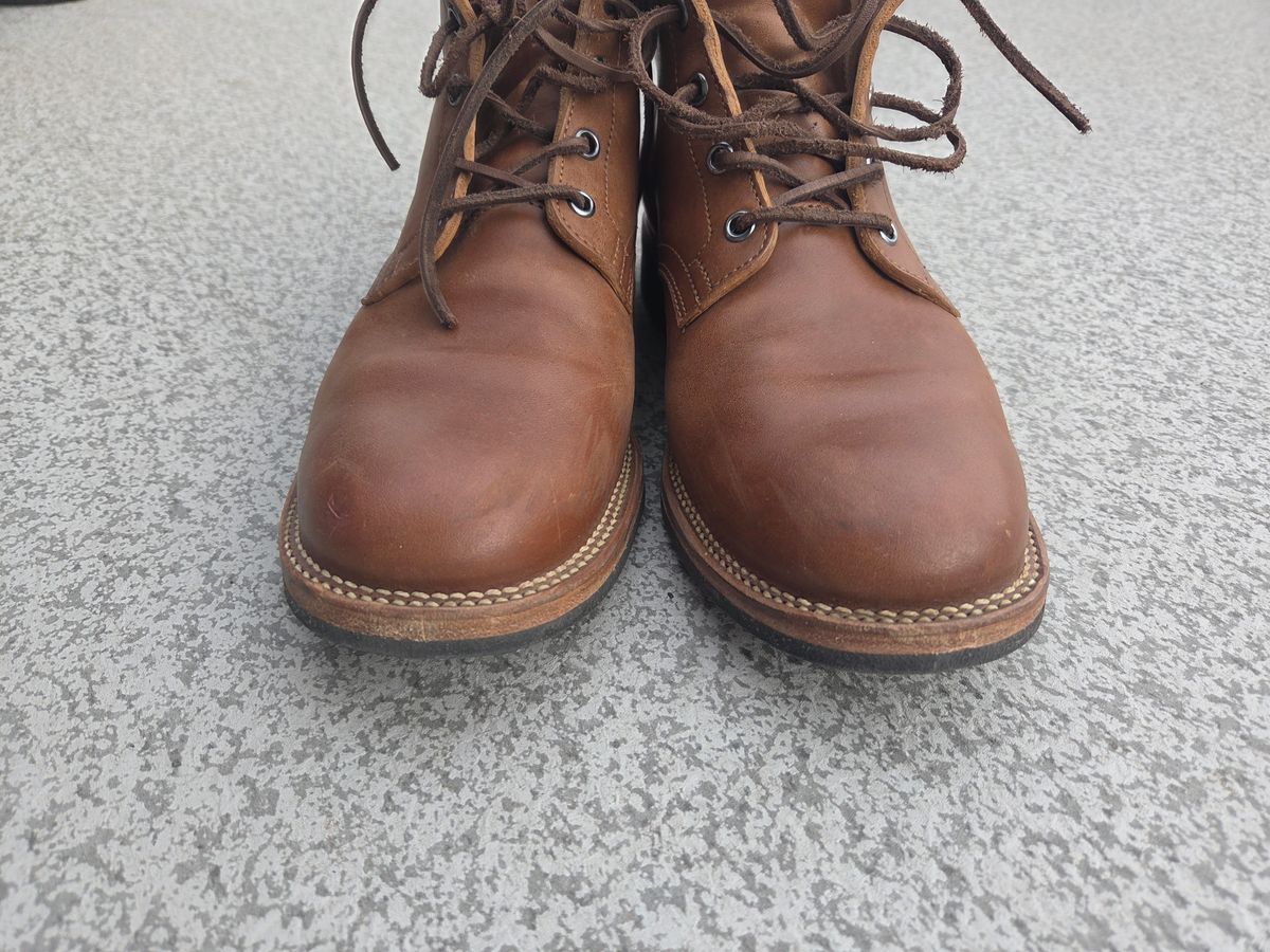 Photo by Syzygy on November 5, 2025 of the Viberg Service Boot in Maryam Moss Horsebutt.