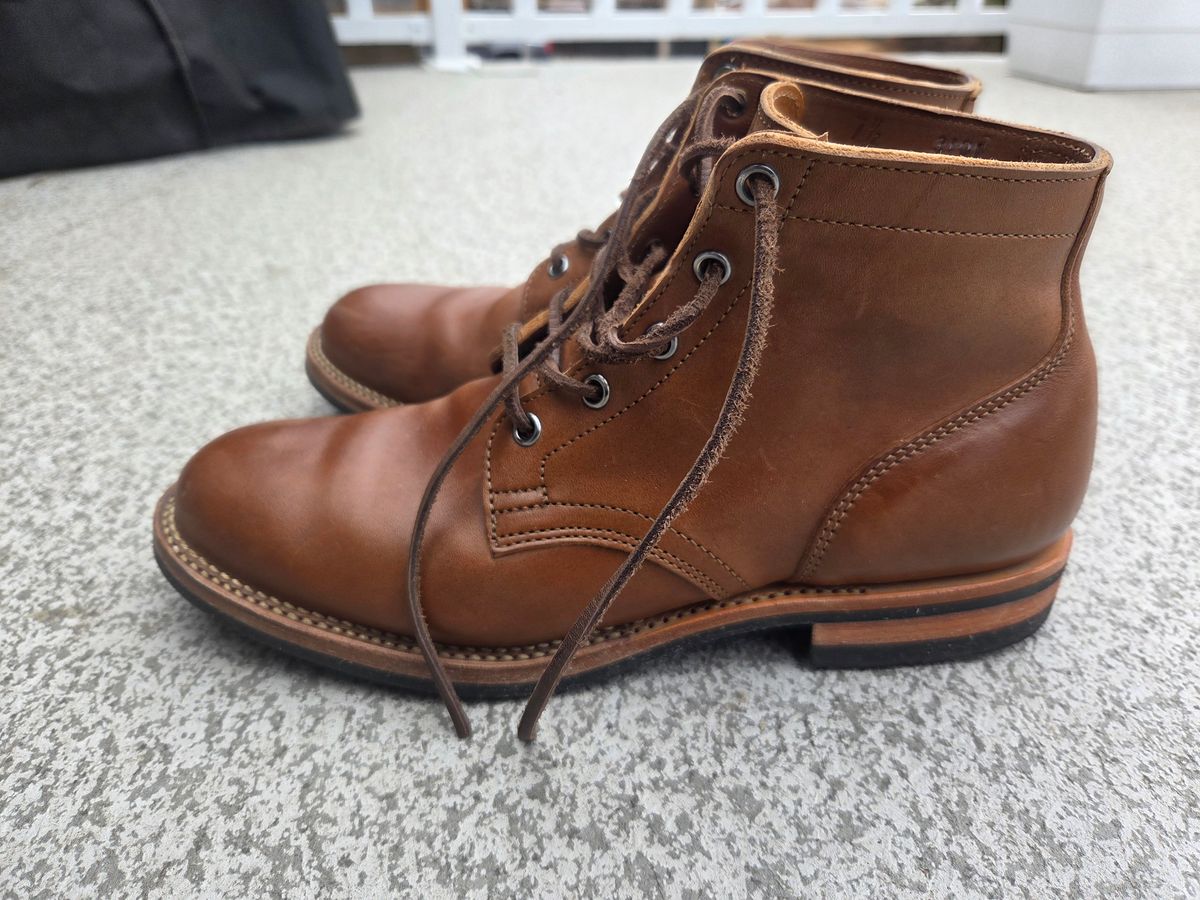 Photo by Syzygy on November 5, 2025 of the Viberg Service Boot in Maryam Moss Horsebutt.