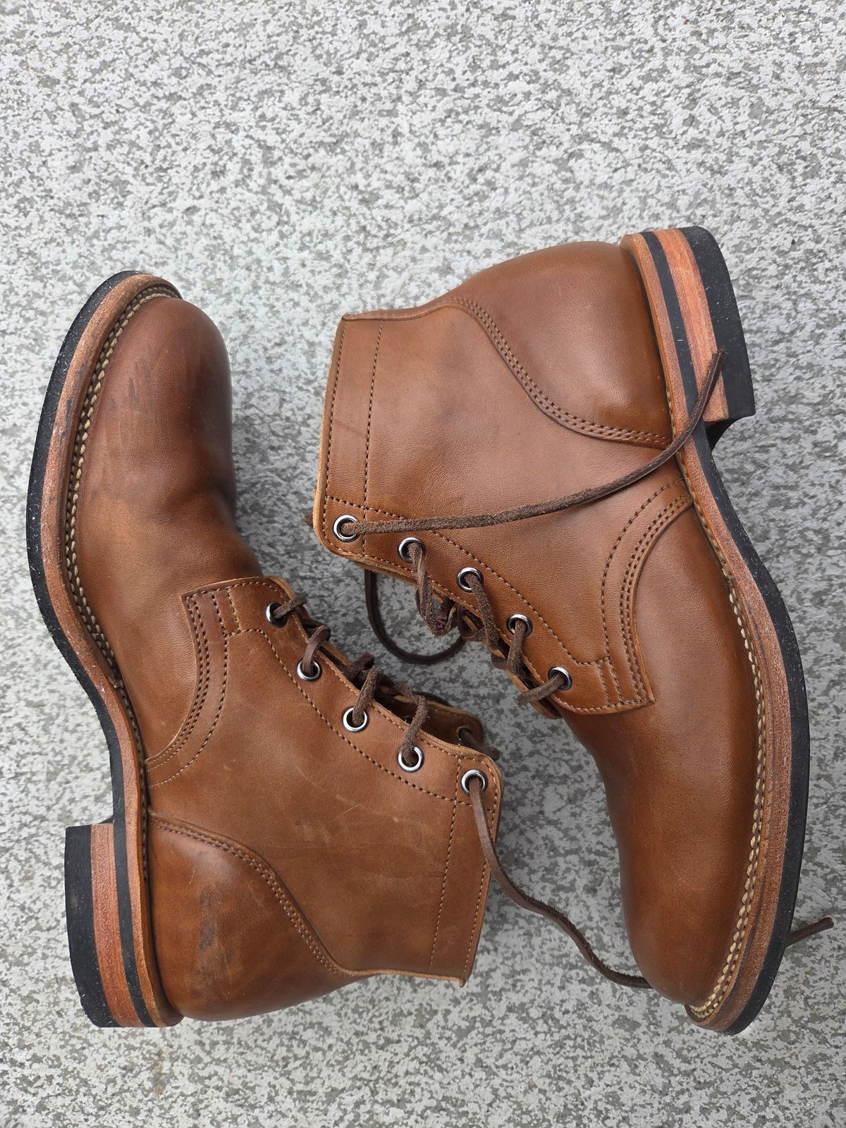 Photo by Syzygy on November 5, 2025 of the Viberg Service Boot in Maryam Moss Horsebutt.