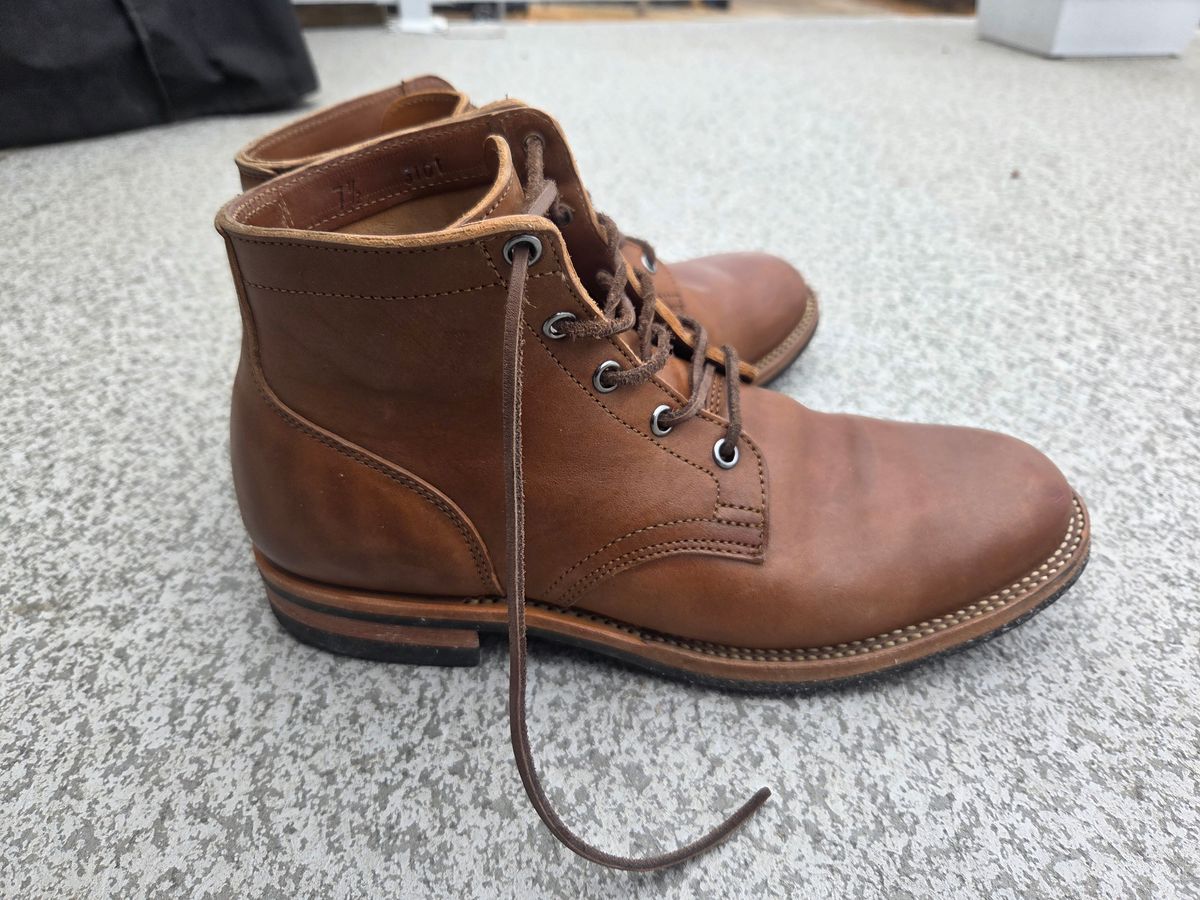 Photo by Syzygy on November 5, 2025 of the Viberg Service Boot in Maryam Moss Horsebutt.