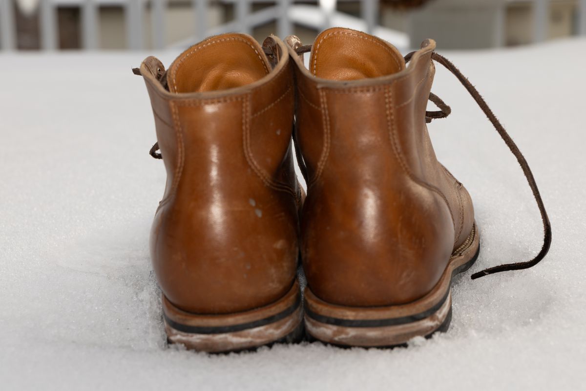 Photo by Syzygy on December 4, 2025 of the Viberg Service Boot in Maryam Moss Horsebutt.