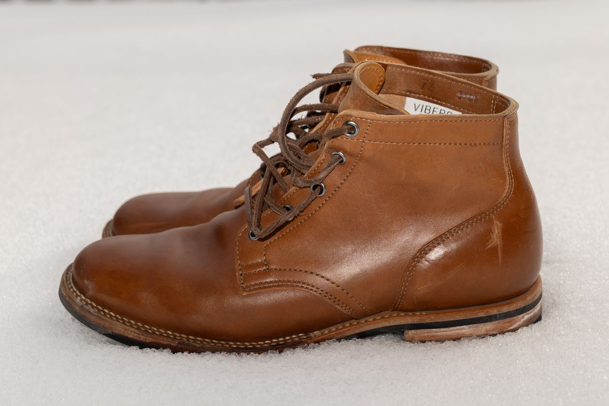 Photo by Syzygy on December 4, 2025 of the Viberg Service Boot in Maryam Moss Horsebutt.