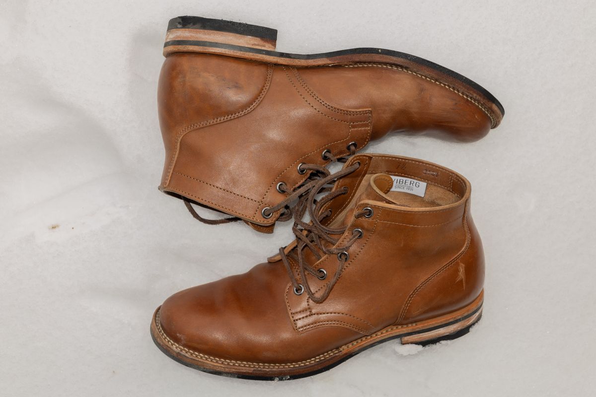 Photo by Syzygy on December 4, 2025 of the Viberg Service Boot in Maryam Moss Horsebutt.