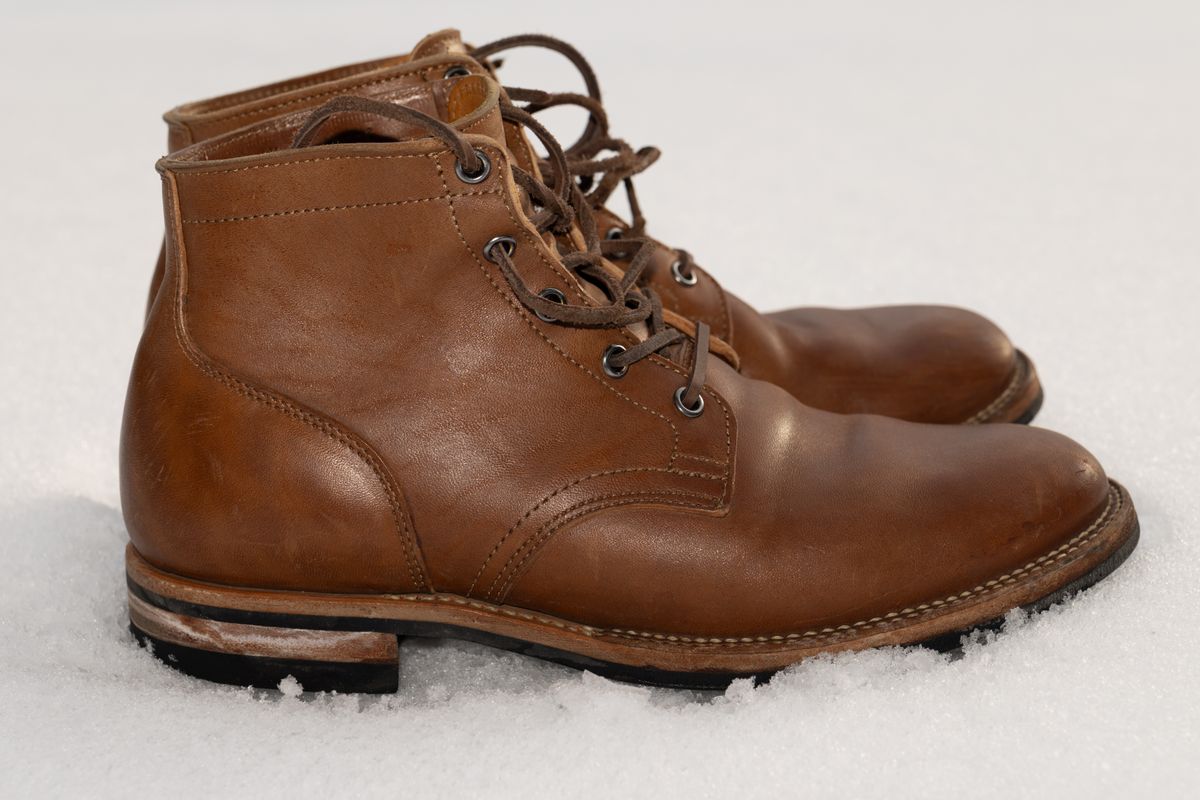 Photo by Syzygy on December 4, 2025 of the Viberg Service Boot in Maryam Moss Horsebutt.