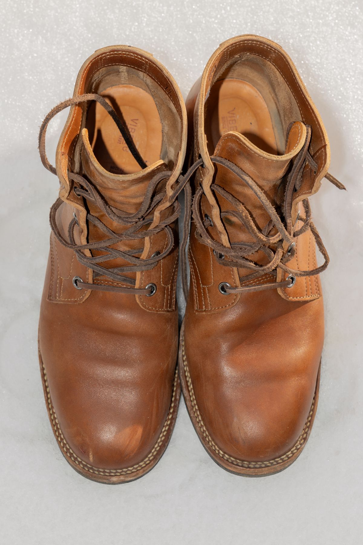 Photo by Syzygy on December 4, 2025 of the Viberg Service Boot in Maryam Moss Horsebutt.