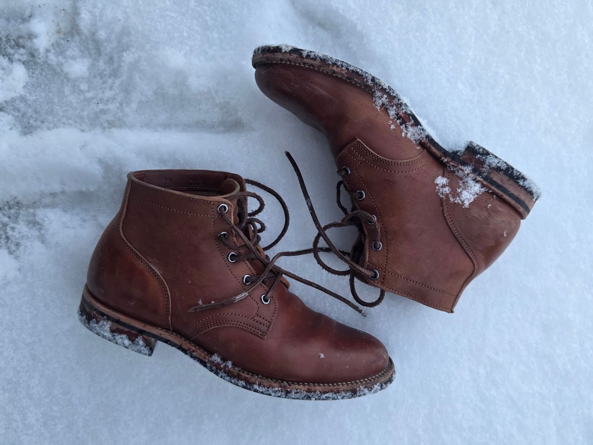 Photo by Syzygy on January 5, 2026 of the Viberg Service Boot in Maryam Moss Horsebutt.