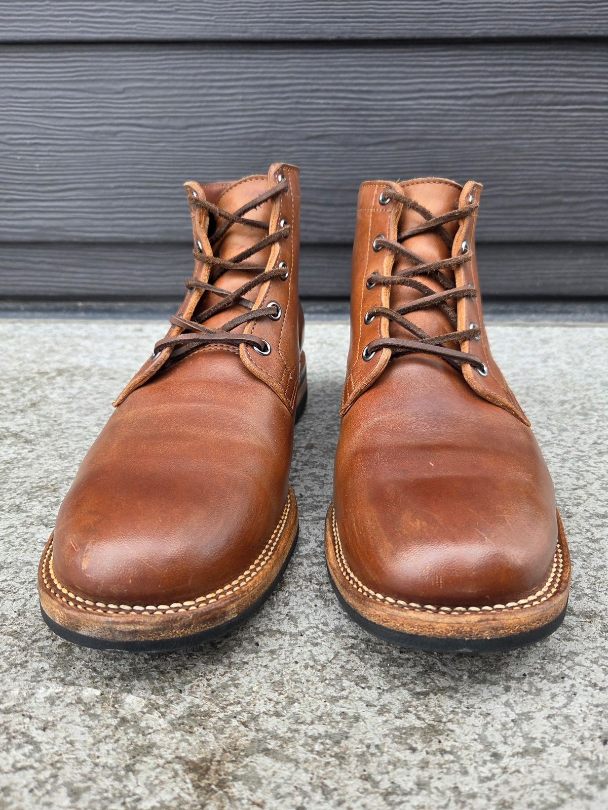 Photo by Syzygy on March 4, 2026 of the Viberg Service Boot in Maryam Moss Horsebutt.