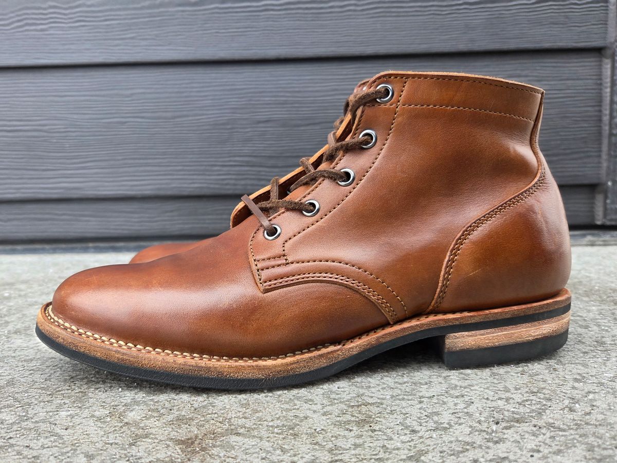 Photo by Syzygy on March 4, 2026 of the Viberg Service Boot in Maryam Moss Horsebutt.