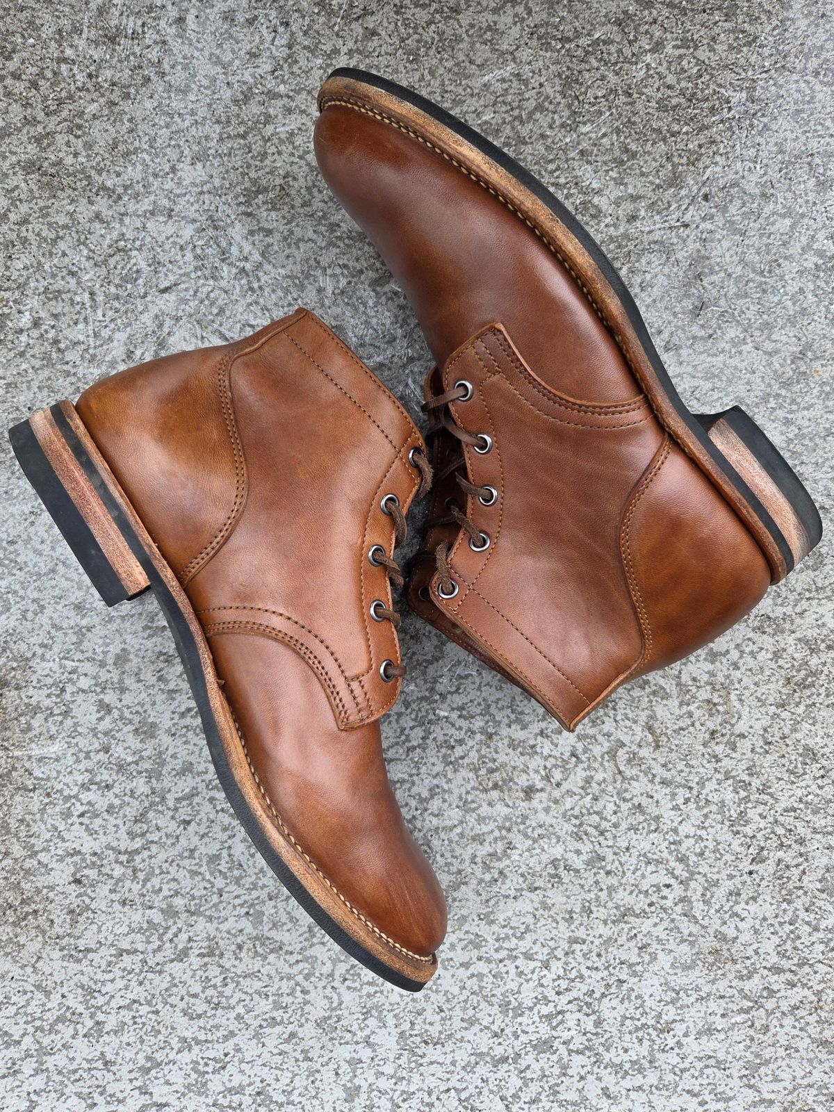 Photo by Syzygy on March 4, 2026 of the Viberg Service Boot in Maryam Moss Horsebutt.