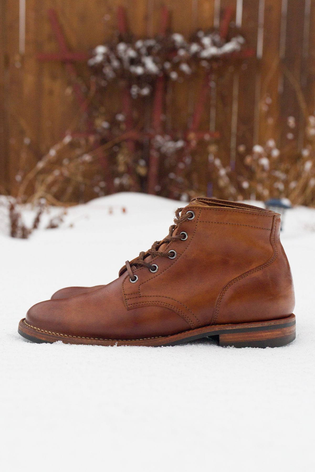 Photo by Syzygy on April 6, 2026 of the Viberg Service Boot in Maryam Moss Horsebutt.