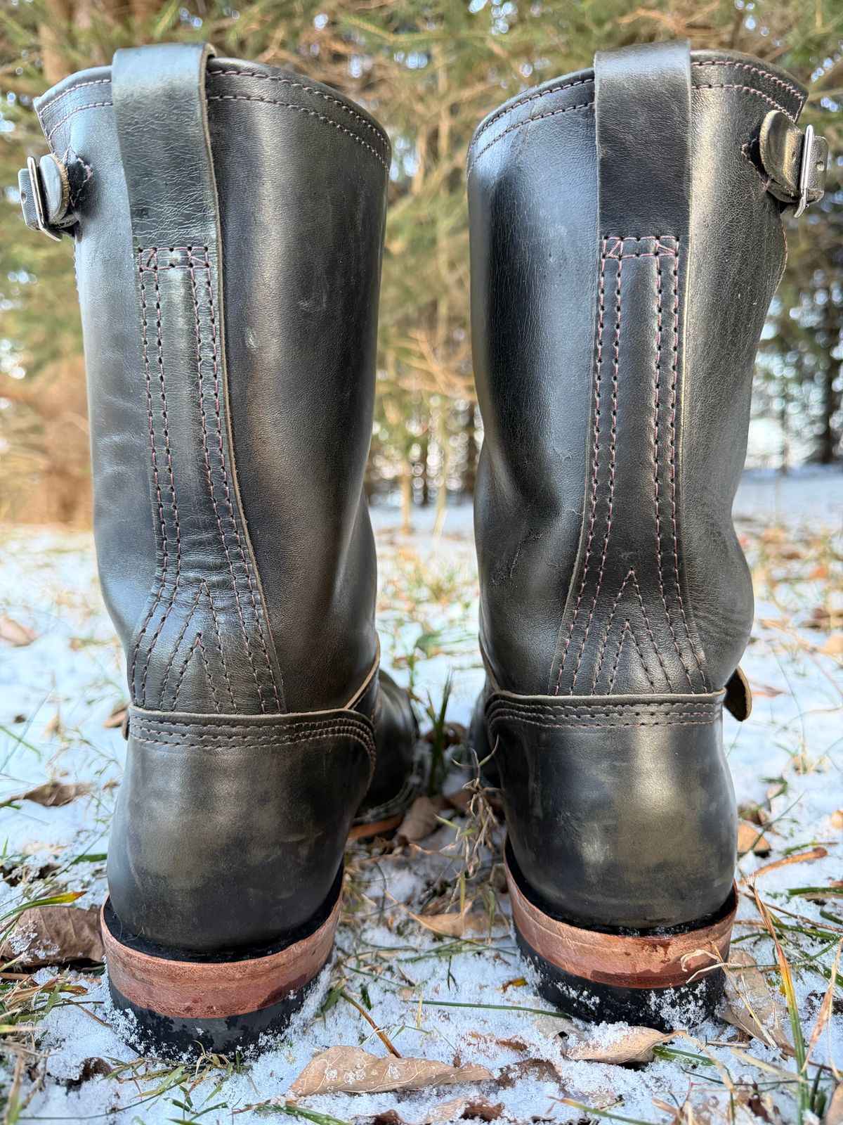 Photo by blackandbrownblues on December 4, 2025 of the Wesco Mister Lou in Maryam Petrolio Waxed Black Horsehide.