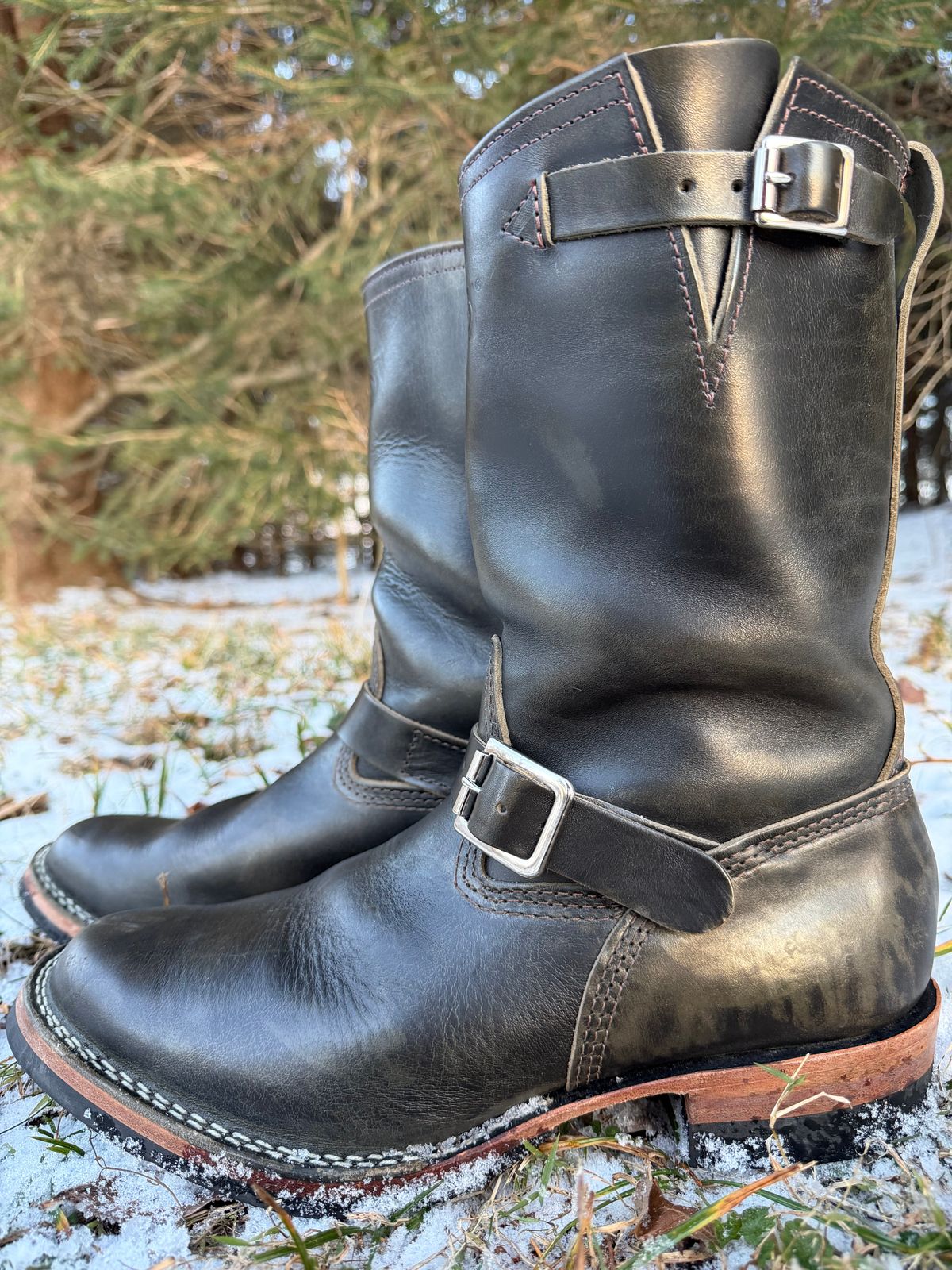 Photo by blackandbrownblues on December 4, 2025 of the Wesco Mister Lou in Maryam Petrolio Waxed Black Horsehide.