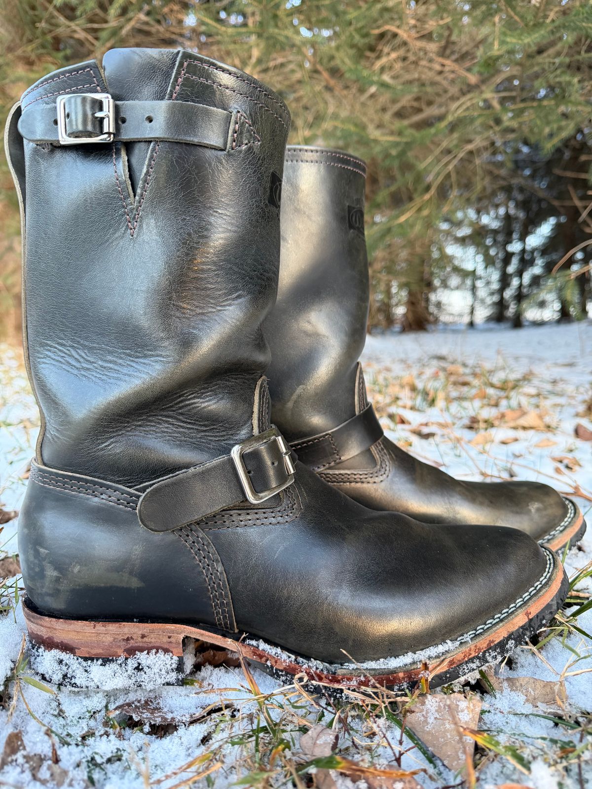 Photo by blackandbrownblues on December 4, 2025 of the Wesco Mister Lou in Maryam Petrolio Waxed Black Horsehide.