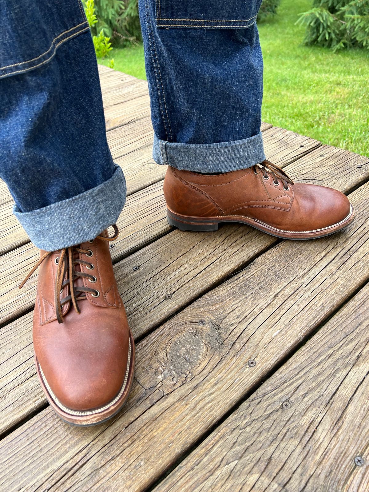 Photo by blackandbrownblues on June 27, 2023 of the Viberg 145 Oxford in Horween Natural Essex Workshoe Butt.