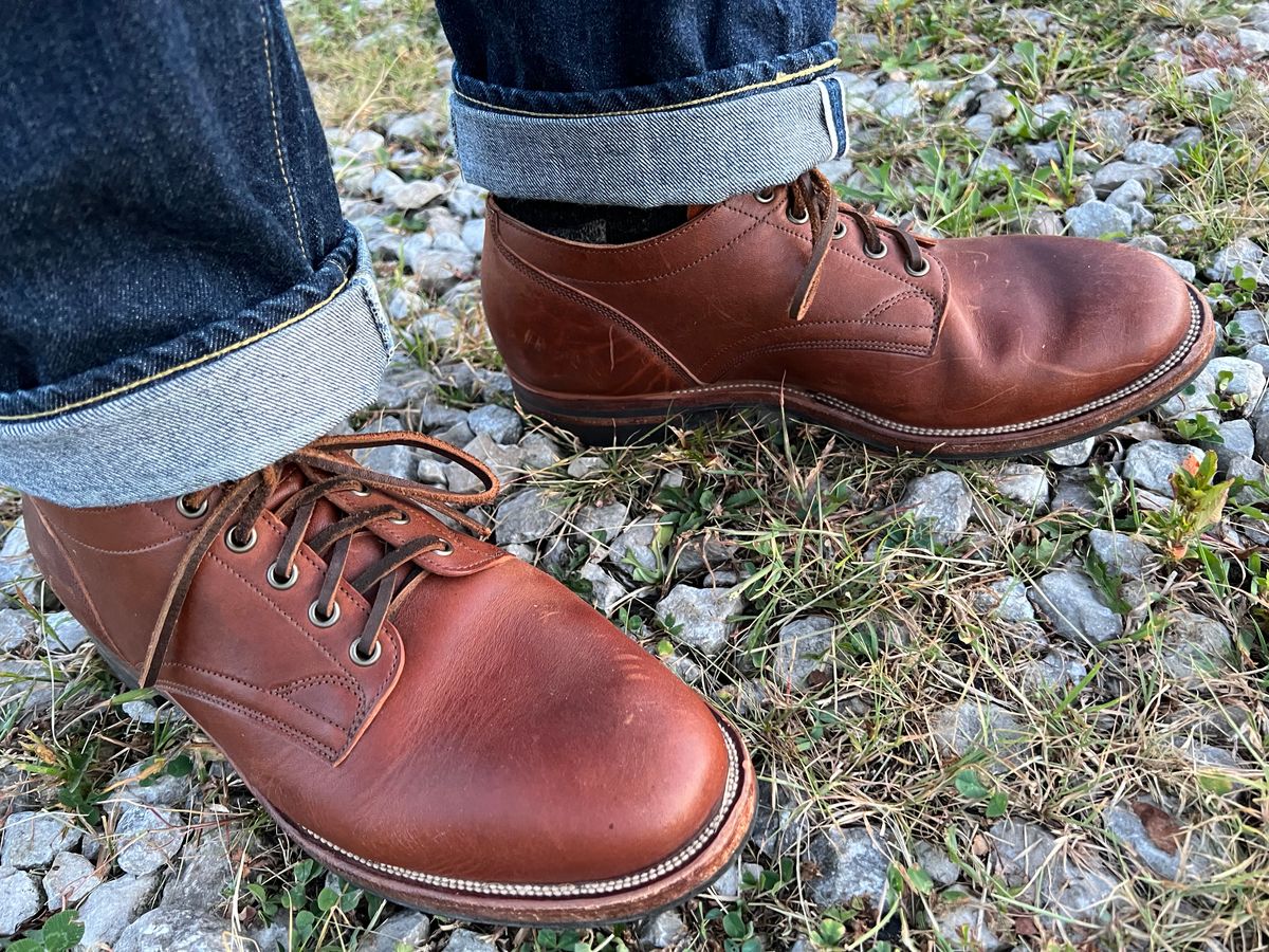 Photo by blackandbrownblues on September 5, 2023 of the Viberg 145 Oxford in Horween Natural Essex Workshoe Butt.