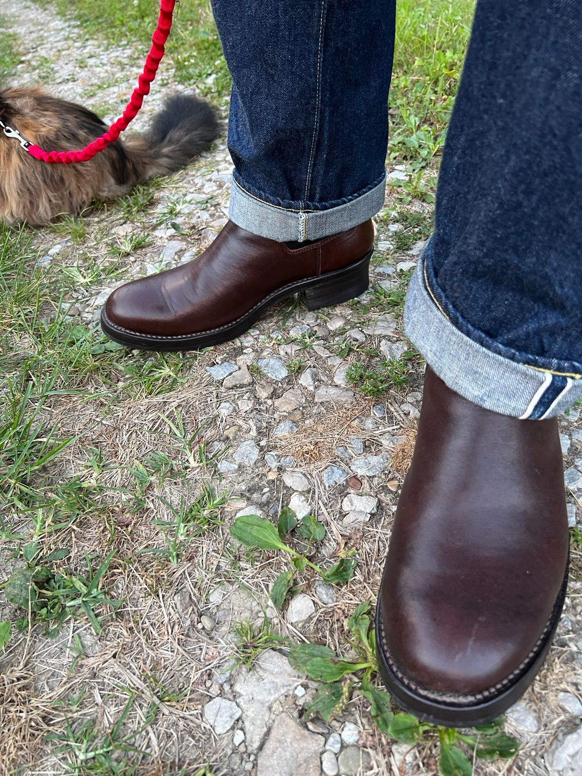 Photo by blackandbrownblues on August 9, 2023 of the Addict Boots AB-03 Chelsea Boots in Brown Horsehide.