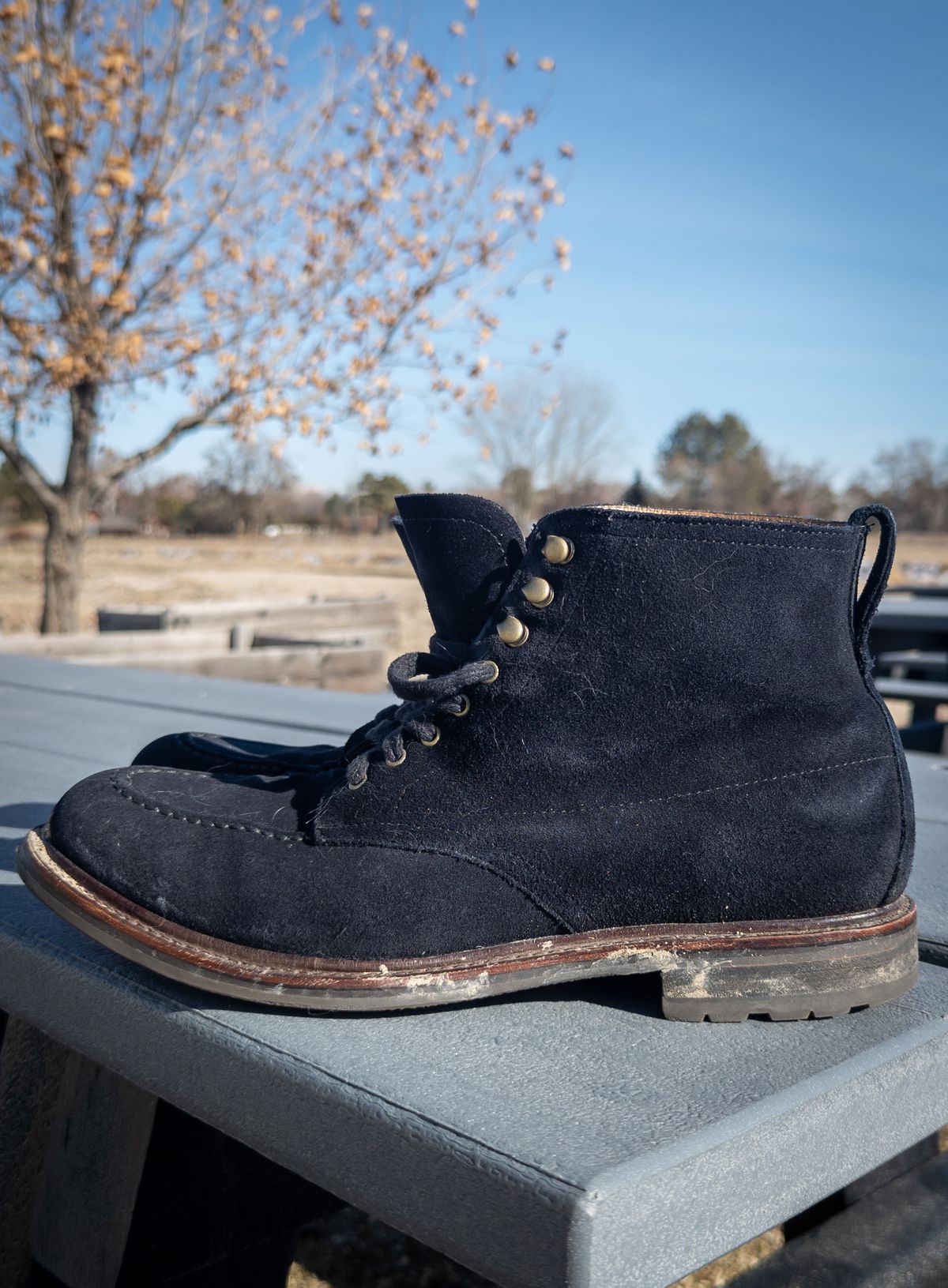 Photo by StarWarrior on February 3, 2023 of the J.Crew Kenton Pacer Boots in C.F. Stead Navy Blue Janus Calf Suede.